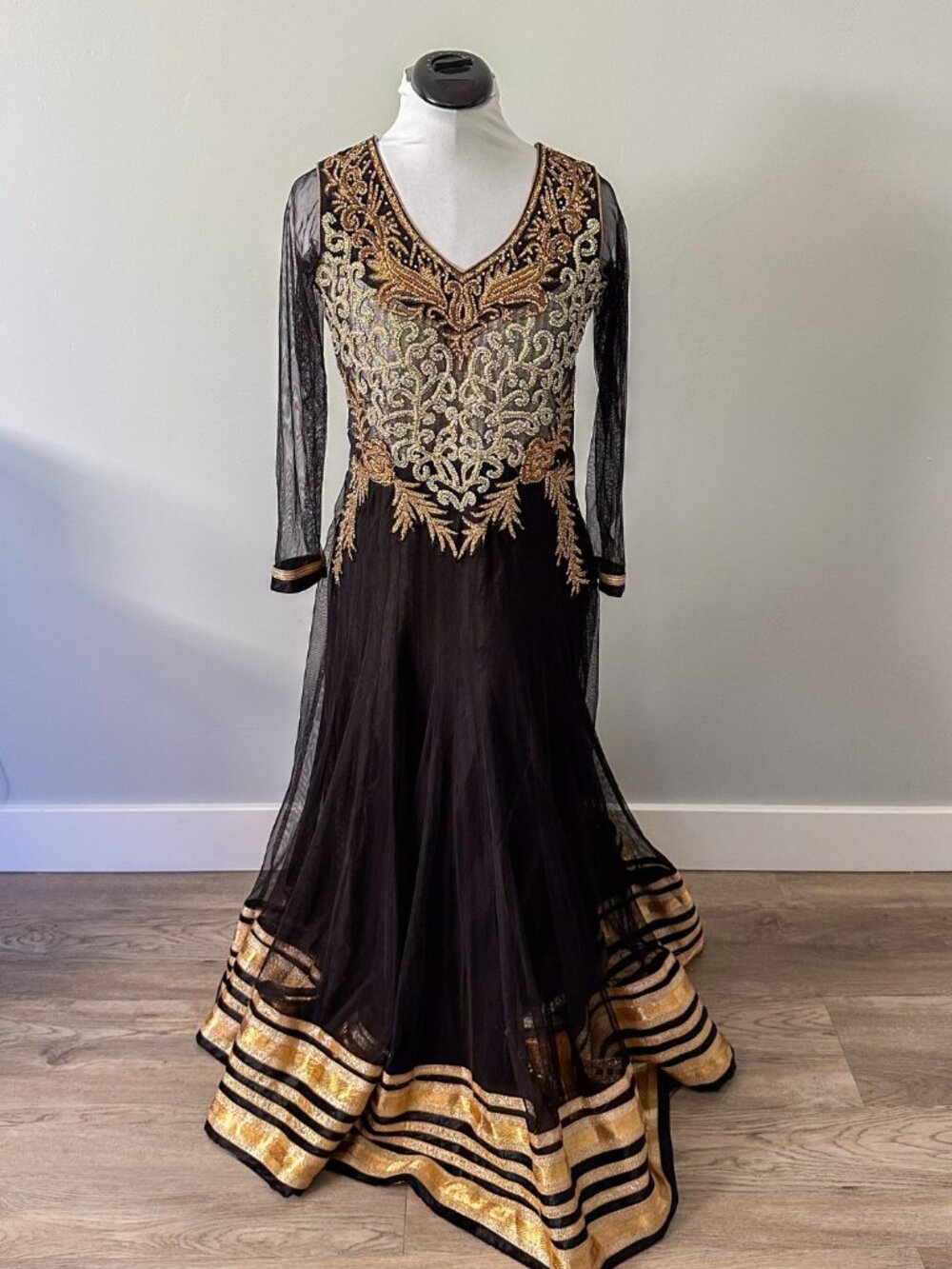 Elegant Black Net Anarkali Gown with Gold Sequin Embellishments